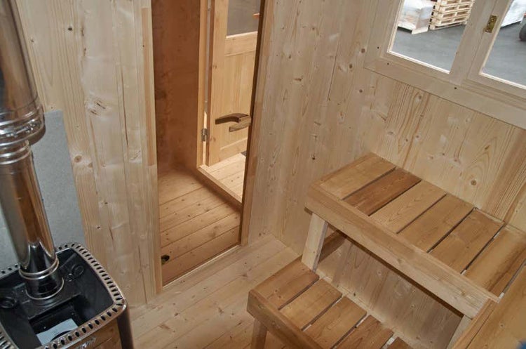 FinnTherm Saunahaus Oval Gartensauna 2 Sitzbänke aus Holz, Sauna mit 41 mm Wandstärke, Außensauna mit Montagematerial, Naturbelassen 4,2x2,4m