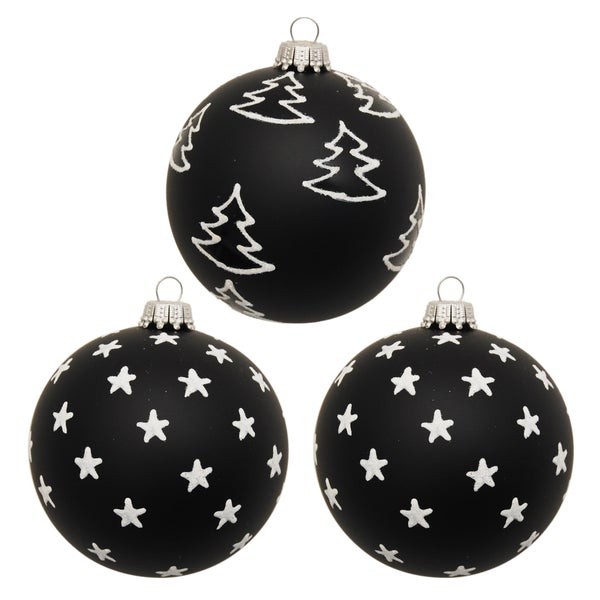 Xmas Black & White Ebony, 3-er Set, schwarz matt/weiß, Glitzer, 8cm, 3 Stck., Weihnachtsbaumkugeln, Christbaumschmuck, Weihnachtsbaumanhänger