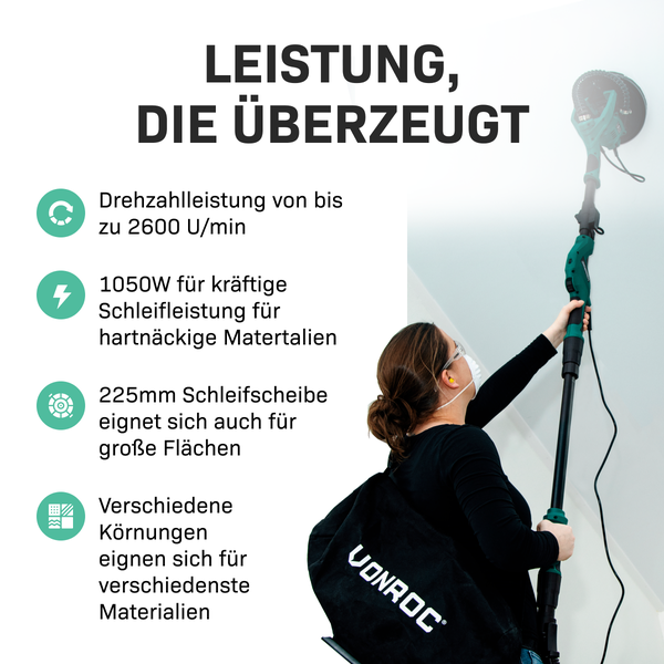 VONROC Trockenbauschleifer 1050W - Wand und Deckenschleifer 225mm, Giraffe mit Absaugung, Trockenbau Schleifmaschine Set inkl. 6 Schleifpapier