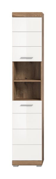Badezimmer-Hochschrank mit zwei weißen Hochglanz-Türen, zwei offenen Fächern, Korpus in brauner Holzoptik und silberfarbenen Griffen.