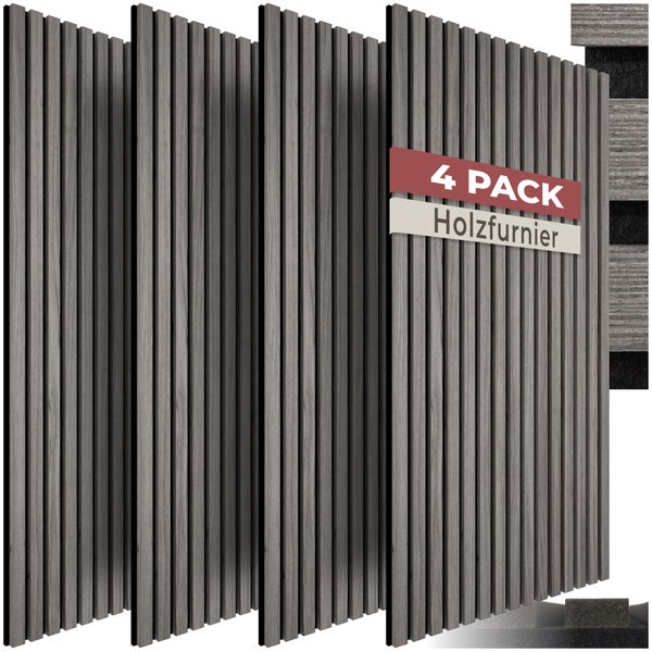 4er-Pack Akustikpaneele mit Holzfurnier, vertikale Lamellen auf Filzträger zur Wandgestaltung und Schalldämmung.
