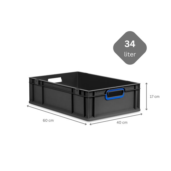 PROREGAL SuperSparSet 5x Eurobox NextGen Color, HxBxT 17x40x60cm, 34 Liter, Griffe blau offen, Schwarz, Eurobehälter, Transportbox, Transportbehälter, Stapelbehälter