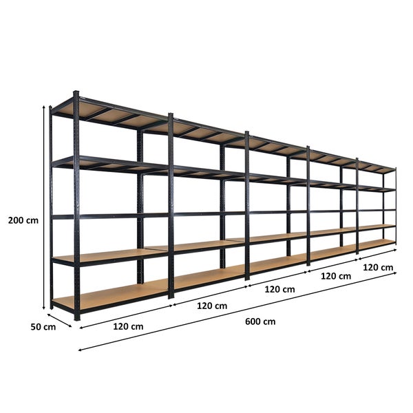 Langes Regal mit mehreren Ebenen und den Maßen 200 cm Höhe, 50 cm Tiefe und 600 cm Breite