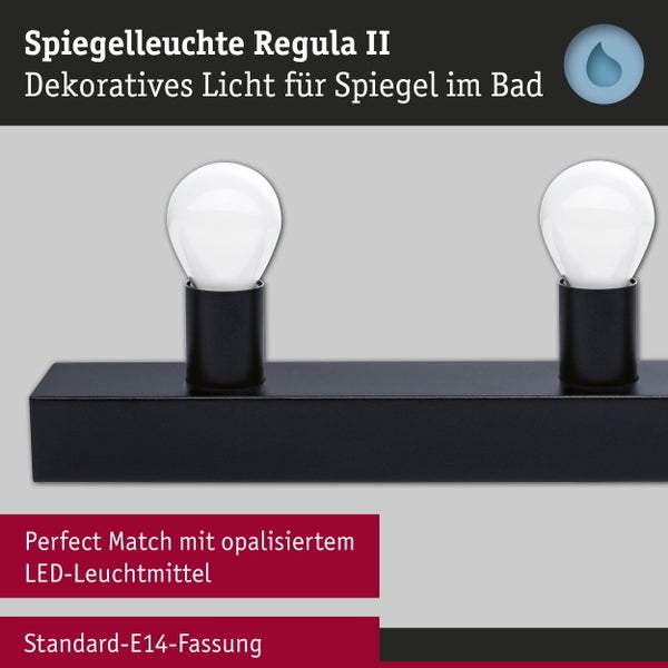 Schwarze Spiegelleuchte Regula II mit zwei E14 Fassungen für Badspiegel, passend für opalisierte LED-Leuchtmittel.