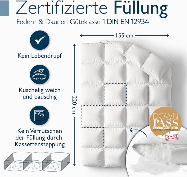 Weiße Bettdecke mit Daunen- und Federfüllung, 155 mal 220 cm. Mit Kassettensteppung, Downpass-Siegel und Hinweis auf keinen Lebendrupf.