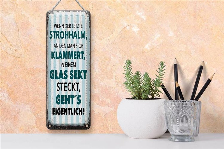 Blechschild 10x27cm Spruch Wenn der letzte Strohhalm in einem Glas Sekt steckt