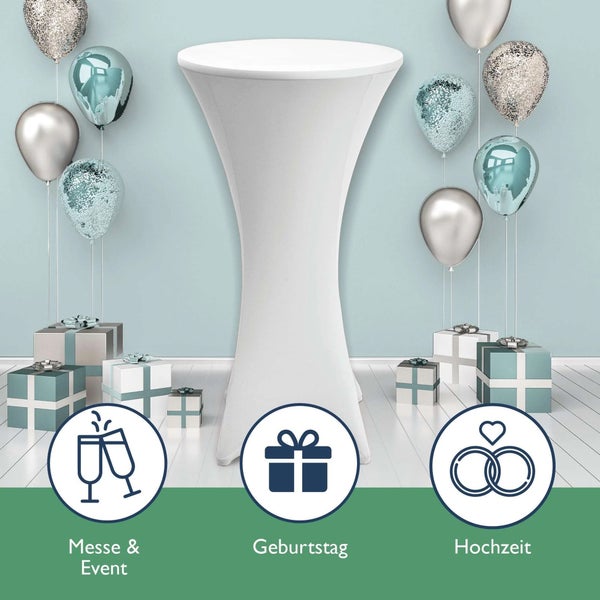 Stehtisch mit weißer Husse für Messe, Geburtstag und Hochzeit