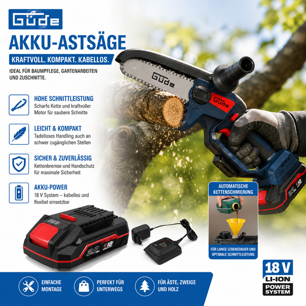 Güde Akku-Astsäge 18 Volt inklusive Akku und Ladegerät bei der Baumpflege und Gartenarbeit.