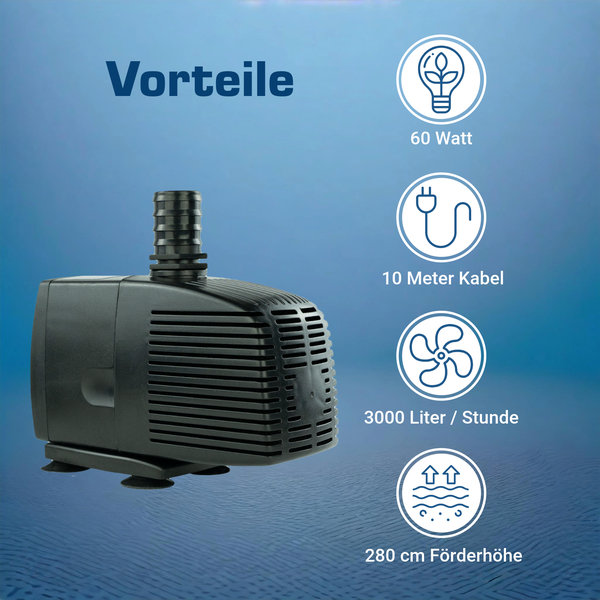 Teichpumpe mit Vorteilen: 60 Watt Leistung, 10 Meter Kabel, 3000 Liter pro Stunde Förderleistung und 280 Zentimeter Förderhöhe.