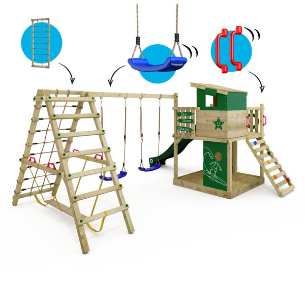 WICKEY Spielturm Klettergerüst Smart Surf mit Schaukel und Rutsche, Kletterturm mit Sandkasten, Leiter und Spiel-Zubehör – grün