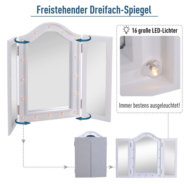 HOMCOM Kosmetikspiegel Schminkspiegel 16 x LED-Beleuchtung freistehend 180° ausklappbar Batteriebetrieben Weiß 3 Spiegel 73 x 53,5 x 4,5 cm