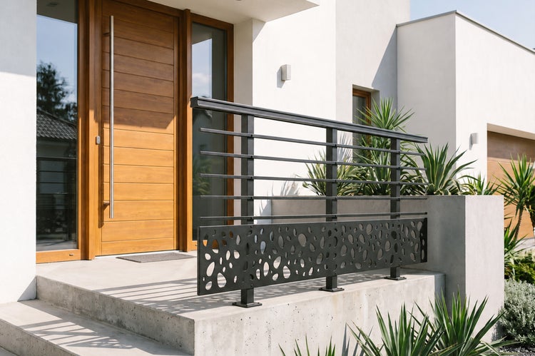 Modernes Treppengeländer aus Metall mit dekorativem Lochmuster auf einer Betonveranda vor einem Hauseingang mit moderner Holztür.