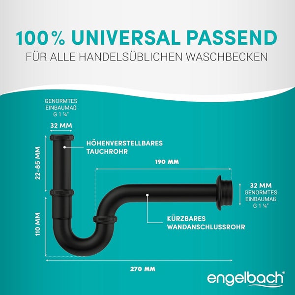 Engelbach® Siphon für Waschbecken 1 1/4 inkl. Gummimanschette mit Montage-Video - Schwarz