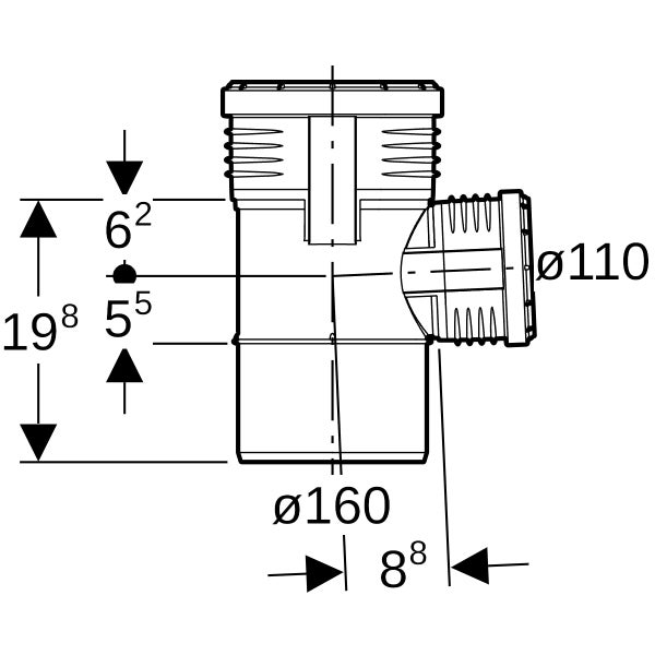 Technische Zeichnung eines T-Stücks für Abwasserrohre mit einem Hauptdurchmesser von 160 Millimeter und einem Abzweig von 110 Millimeter.