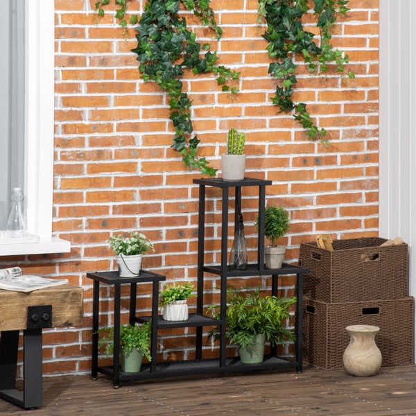 Outsunny Pflanzenregal, Pflanzentreppe mit 4 Stufen, mehrstöckiges Blumenregal, Pflanzenständer für Garten, Balkon, Metall, Schwarz, 91 x 25 x 83 cm