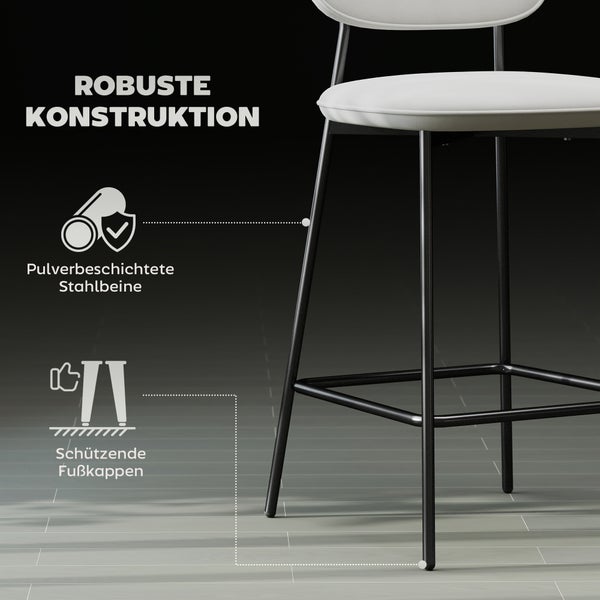 Robuste Konstruktion des Barstuhls mit pulverbeschichteten Stahlbeinen und schützenden Fußkappen.