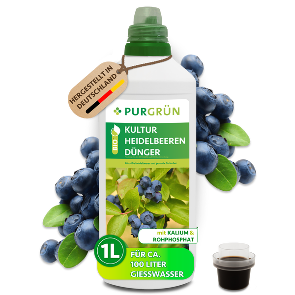 Purgrün Heidelbeeren Dünger 1 Liter Flasche mit Kalium und Rohphosphat für 100 Liter Gießwasser, flüssiger Bio Dünger hergestellt in Deutschland
