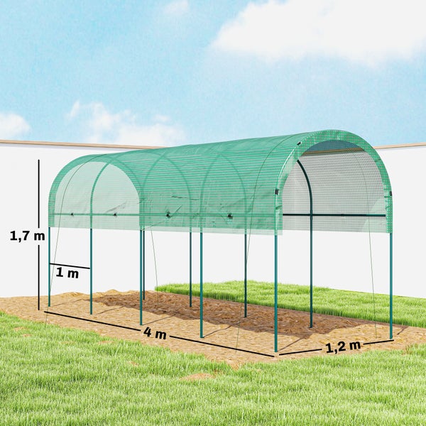 Folientunnel mit Gitterfolie und Metallrahmen, Maße: Höhe 1,7 Meter, Breite 1,2 Meter, Länge 4 Meter.