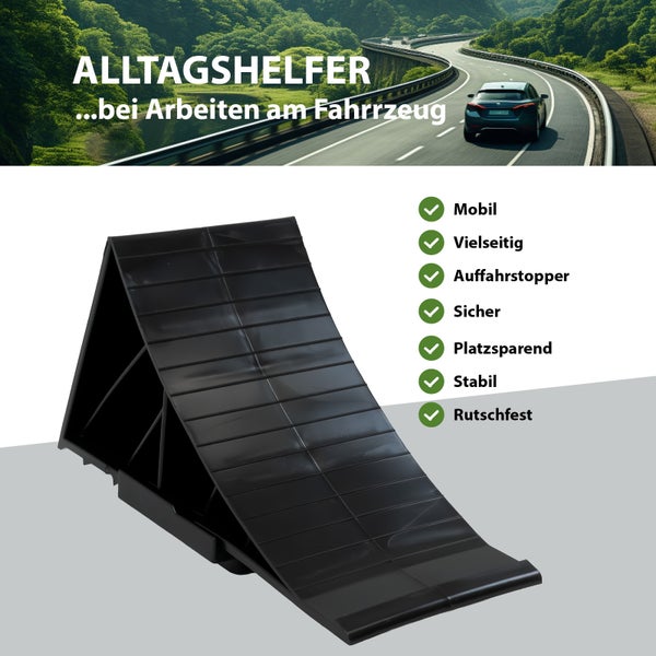Schwarzer Unterlegkeil aus Kunststoff für Fahrzeugsarbeiten, mobil, vielseitig, Auffahrstopper, sicher, platzsparend, stabil und rutschfest.