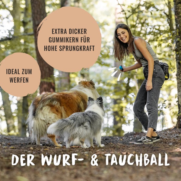 Frau mit zwei Hunden im Wald beim Spielen mit einem Ball für Hunde