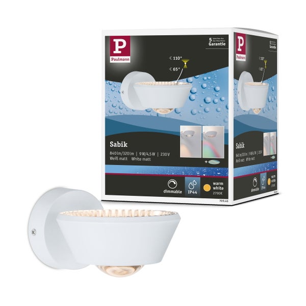LED Wandleuchte Sabik IP44 2700K 800lm / 390lm 230V 9W / 4W dimmbar Weiß matt