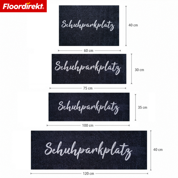 Vier Fußmatten mit Schuhparkplatz Aufdruck in verschiedenen Größen und Floordirekt Logo.