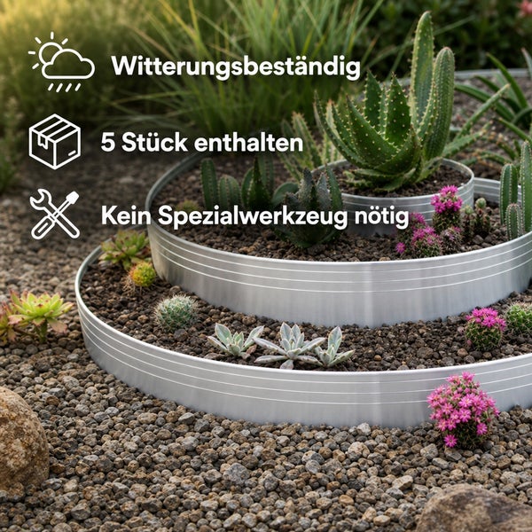 Mehrstufiges Beet aus Metall für den Garten bepflanzt mit Sukkulenten und Kakteen, witterungsbeständig, Set aus fünf Teilen, einfache Montage.