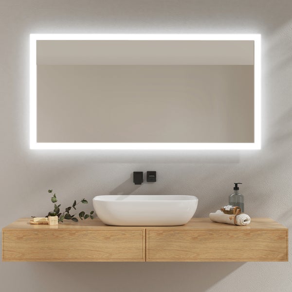 EMKE Badspiegel mit LED-Beleuchtung 120 x 60 cm, Kalt-/Warmweiß, Kippschalter, Anti-Beschlag, Spiegelglas 5 mm kupferfrei & rostfrei