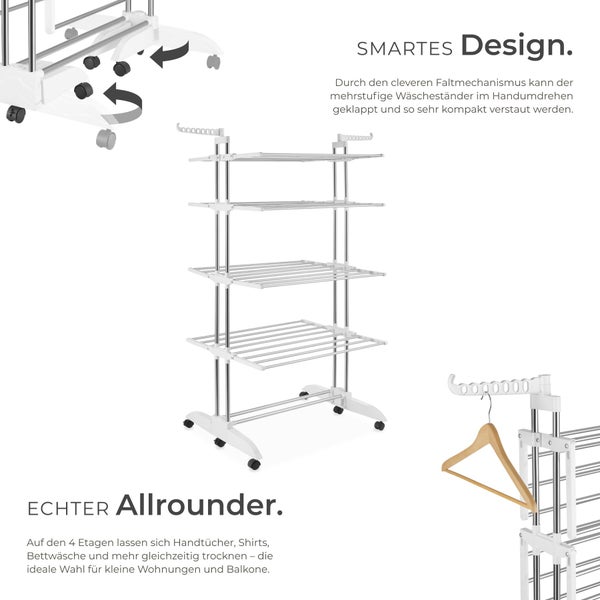 Mobiler Wäscheständer mit 4 Ebenen, Rollen und Halterungen für Kleiderbügel, klappbares Design.