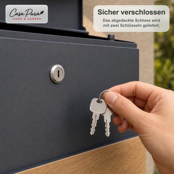 Briefkasten von Casa Pura mit sicherem Schloss und zwei mitgelieferten Schlüsseln zur Montage an der Wand.