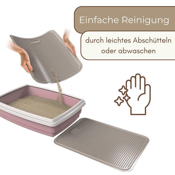 Untermatte für Katzenstreu wird über einer Katzentoilette ausgeschüttelt. Symbol für einfache Reinigung durch Abschütteln oder Abwaschen.