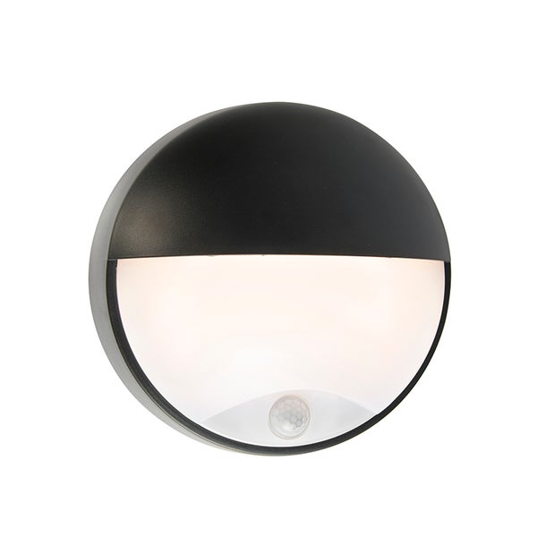 Runde Außenwandleuchte mit Bewegungsmelder, schwarzes Gehäuse, weißer Diffusor.