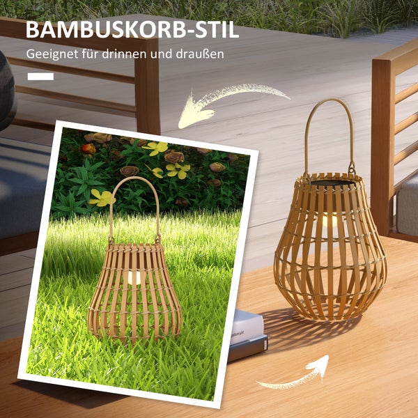 Outsunny Solar-Gartenlampe, USB-aufladbar Wegleuchte, Gartenleuchte mit 3 Lichtfarben, Griff, Solarleuchte mit Bambusschirm, für Garten, Balkon, Natur, IP44