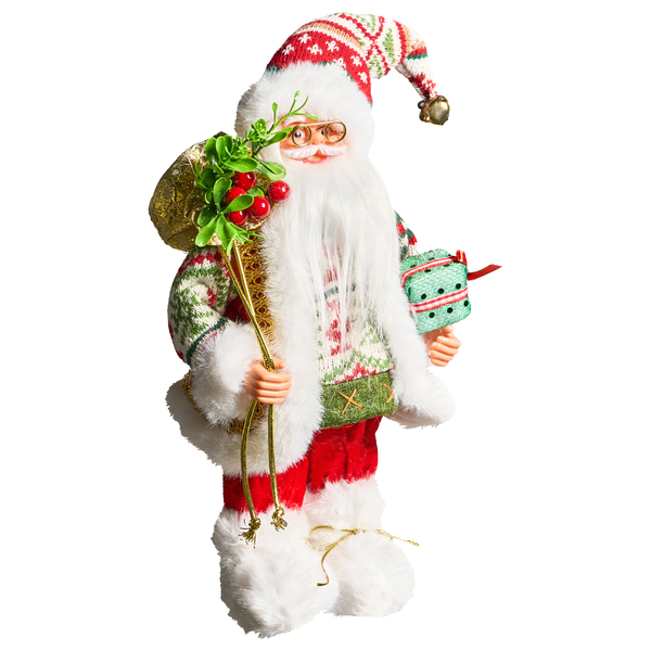 Dekorative Weihnachtsmannfigur mit Geschenkesack und Geschenk