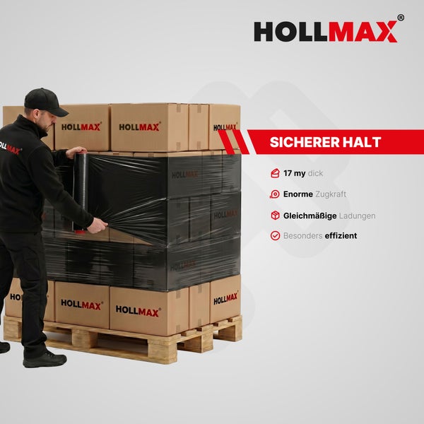 Ein Mitarbeiter umwickelt eine Palette mit Kartons mit schwarzer Hollmax Stretchfolie. 17 Mikrometer dick für sicheren Halt. Hollmax Logo.