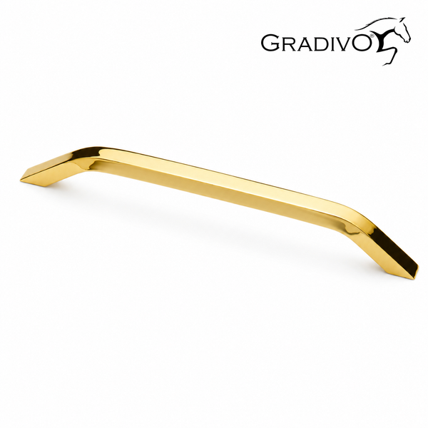 Gradivo Möbelgriff in modernem, eckigem Design mit glänzender Oberfläche in Gold-Optik. Gradivo Logo.