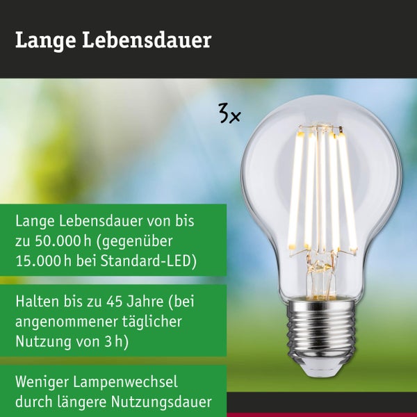 LED-Filament-Leuchtmittel mit Informationen zur dreimal längeren Lebensdauer von bis zu 50.000 Stunden oder circa 45 Jahren.