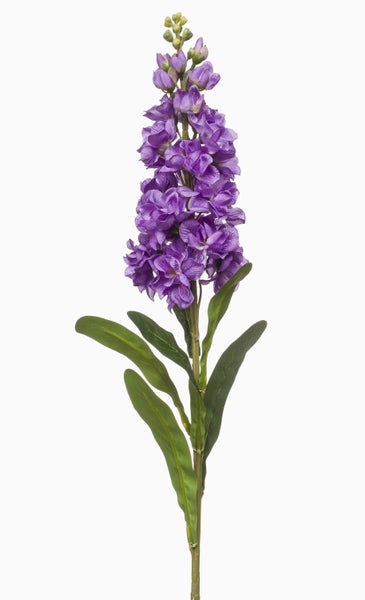 Künstliche Levkoje in Violett mit grünem Stiel und Blättern.