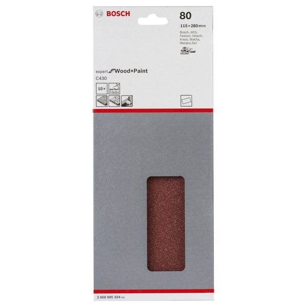 Bosch Expert Schleifpapier für Holz und Farbe, Körnung 80, Größe 115 x 280 mm, 10 Stück