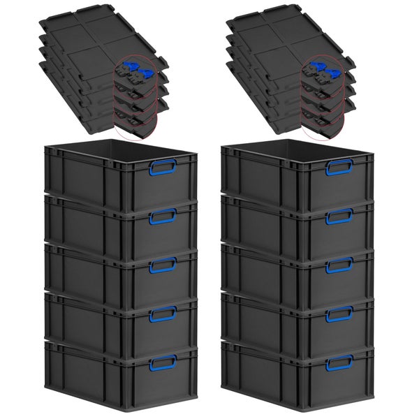 PROREGAL SuperSparSet 10x Eurobox NextGen Color mit Scharnierdeckel und Schiebeschnappverschlüssen, HxBxT 22x40x60cm, 44 Liter, Schwarz, Griffe blau geschlossen, Verstärkter Boden, Eurobehälter, Transportbox, Transportbehälter, Stapelbehälter