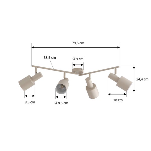 Deckenleuchte mit vier Strahlern und Maßangaben
