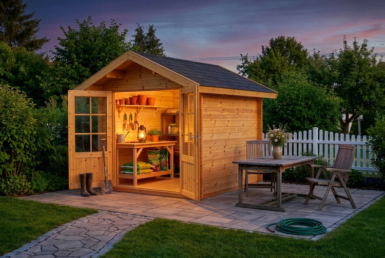 Beleuchtetes Gartenhaus aus Holz mit Doppeltür auf einer Terrasse neben Gartenmöbeln aus Holz und einem weißen Gartenzaun.