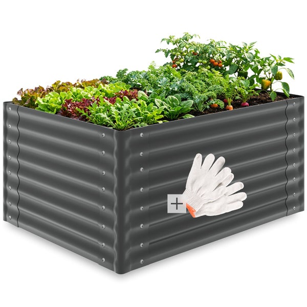 Hochbeet aus Metall mit Salat, Gemüse und Gartenhandschuhen