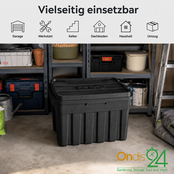 Schwarze Keter Aufbewahrungsbox aus Kunststoff mit Deckel in einer Garage. Symbole zeigen Einsatzbereiche wie Werkstatt und Keller. Ondis 24 Logo.