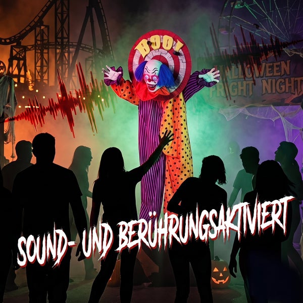 Animierte Halloween Clown Figur, sound- und berührungsaktiviert, für gruselige Dekoration auf Veranstaltungen.