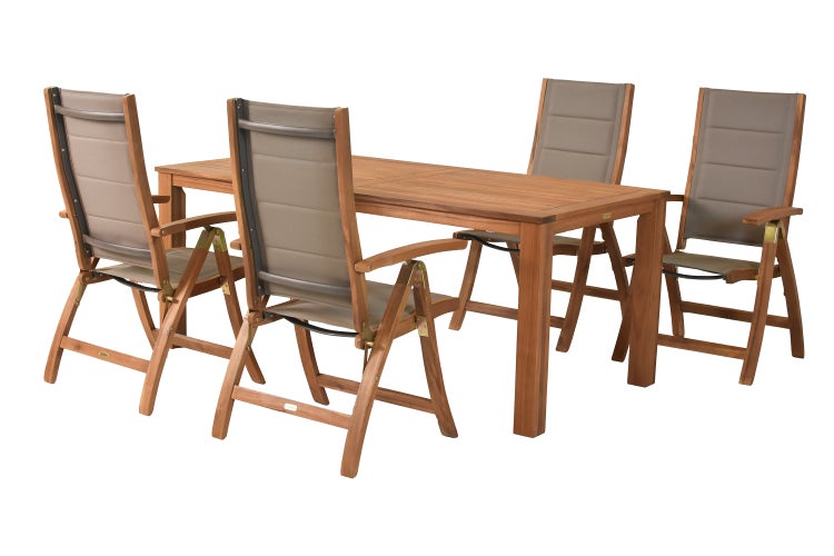 Gartenmöbelset mit Holztisch und vier Holzstühlen mit Textilbezug