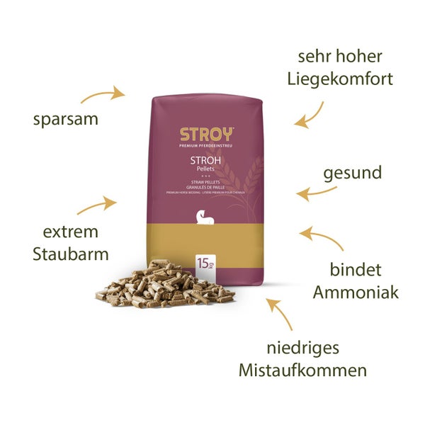 Stroy Strohpellets Pferdeeinstreu im 15 Kilogramm Sack mit Produktvorteilen wie hoher Liegekomfort, staubarm, bindet Ammoniak und ergiebig.
