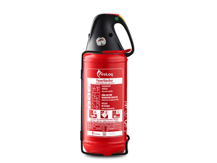 Roter Feuerlöscher mit schwarzem Griff und Manometer