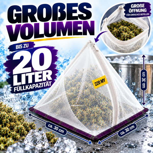 Pyramidenförmiger Netzbeutel mit 20 Liter Fassungsvermögen, 30 Zentimeter Kantenlänge und Reißverschluss für einfache Befüllung.