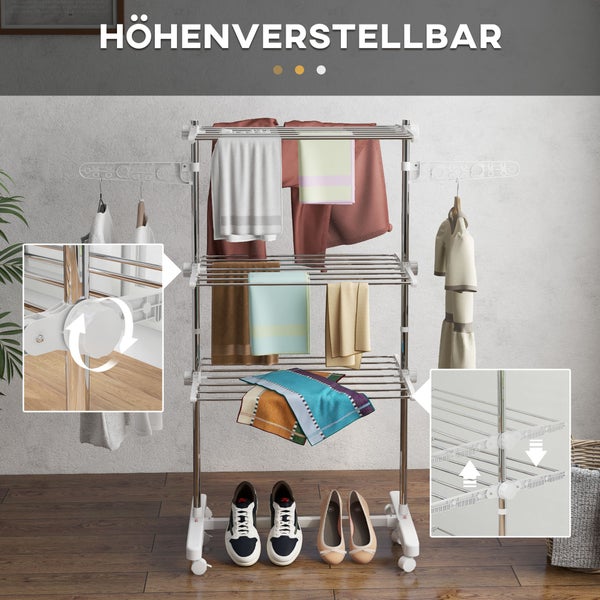 HOMCOM Wäschetrockner, 80/142 x 55 x 152 cm, Stahl, Weiß